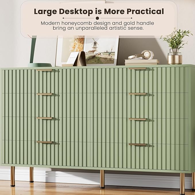 8 Drawer Dresser for Bedroom, Fluted 55" Wide Modern Chest of Drawers with Deep Drawers, Wooden Dresser Organizer for Living Room, Hallway, Kids Room, Green