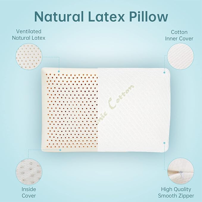 Talalay Natural Latex Sleeping Pillow, Medium Firmness Standard Pillow for Side, Back, and Stomach Sleepers to Get a Restful Sleep