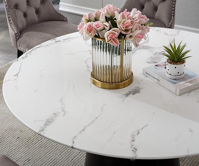 7-Piece Faux Marble Round Dining Table Set for 6, Modern Luxury Kitchen Table Set for 6 with Blue Tufted Chairs,Circle Dining Tables with White Marble Grain Top and Black Pedestal Base
