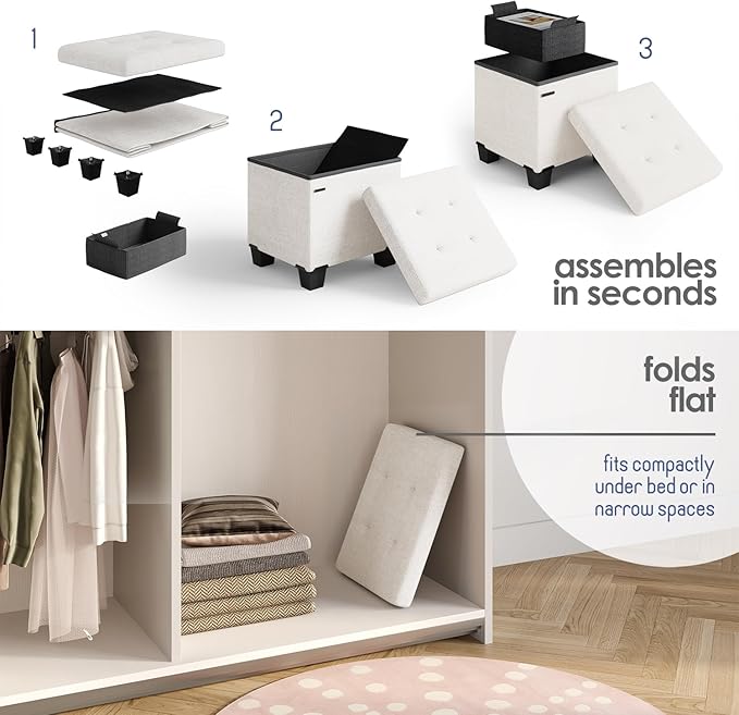 STORAGEBUD Storage Ottoman Cube with Small Bin, 16-in Square Ottoman with Storage for Living Room and Bedroom, Small Ottomans Foot Rest, Fabric Foot Stools Ottomans Max 330lbs, Cream