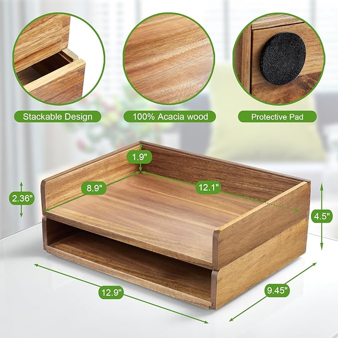 DRASTAR Paper Organizer Letter Tray, 2 Packs Acacia Wooden Stackable Letter Tray, A4 File Sorter Desk Organizer, Desk Organizers and Accessories for Home Office Supplies