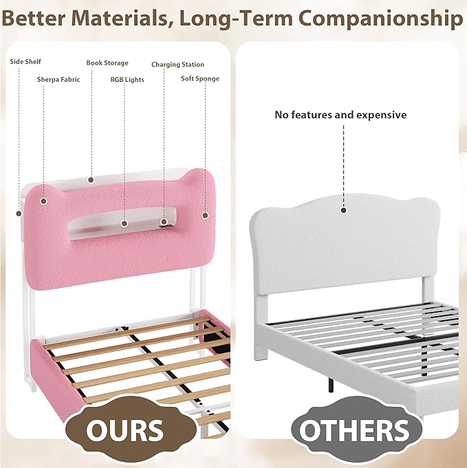 GarveeHome Upholstered Twin Bed Frame with 2-Tier Storage Headboard, LED Platform Bed with Charging Station and Drawer for Kids/Girls/Boys, Heavy Duty Metal Support, No Box Spring Needed, Pink
