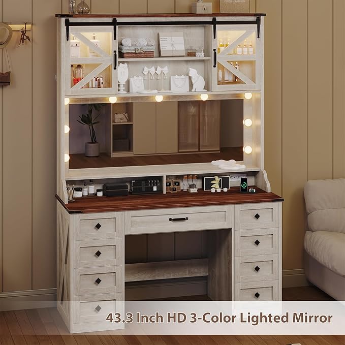 Farmhouse Makeup Vanity with 9 Drawer, Vanity Desk with Mirror and Lights 3 Colors, 75.2" Large Vanity with 2 Sliding RGB Barn Door,Storage Shelves,Power Outlets for Bedroom,Antique White