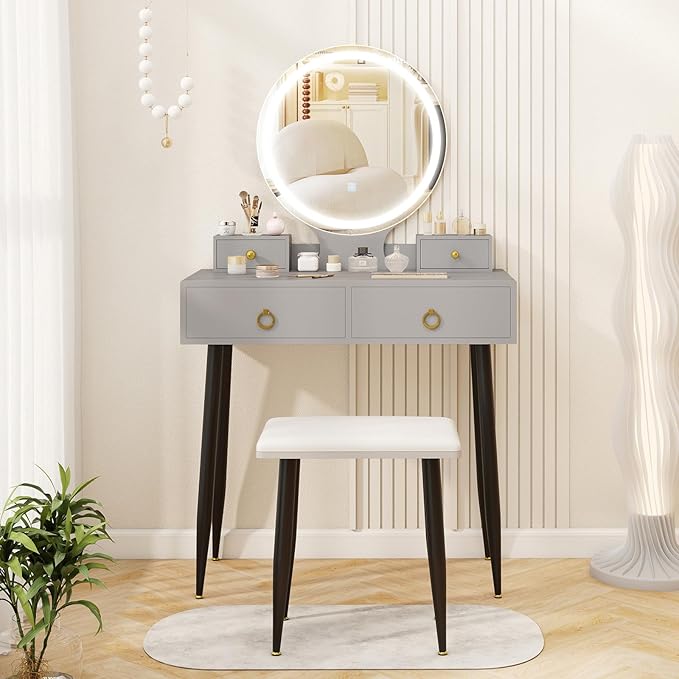 CHARMAID Vanity Desk with Mirror and Lights, Makeup Vanity with 4 Storage Drawers, 3 Lighting Modes, Adjustable Brightness, Modern Vanity Dressing Table with Stool for Bedroom, Gray & Black