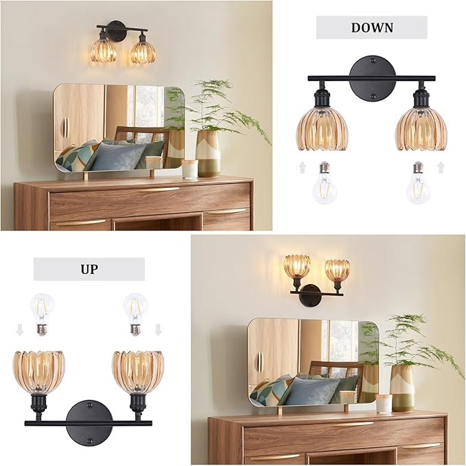 Bathroom Light Fixtures, 2-Light Black Vanity Wall Light Over Mirror with Amber Tulip Glass Shade for Bedroom Living Room