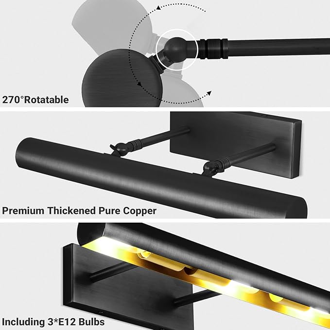 Black Picture Light, 18inch Hardwired Picture Lights, Rotatable Picture Lights for Wall, Wall Lights for Pictures, Linear Art Light for Wall Painting Display Artwork Portrait