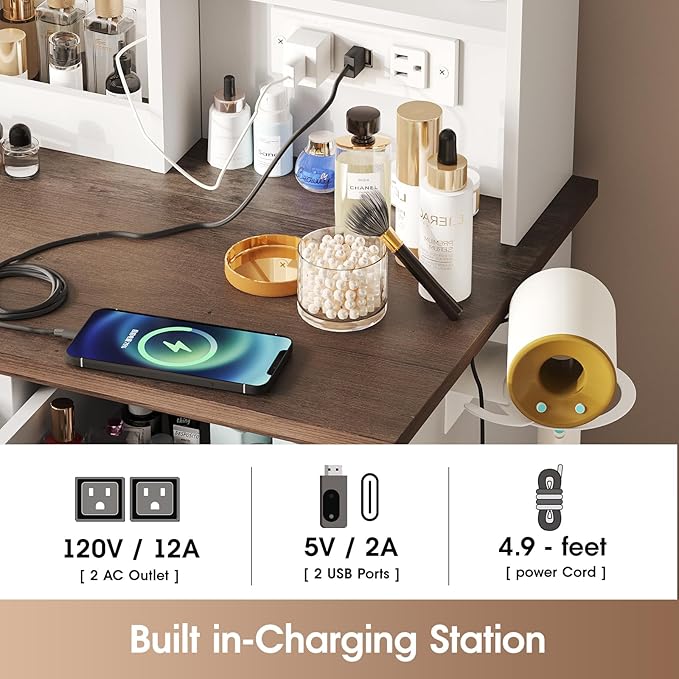 Maupvit Vanity Desk with Mirror and Lights，Large Makeup Table with Storage，White Vanity with Drawers and Shelves，Bedroom Dressing Table