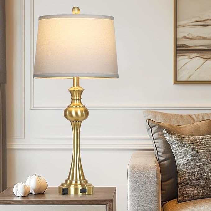 28.75" Modern Table Lamps Set of 2, Gold Bedside Lamp with USB A+C & AC Outlet,Brass Unique Desk Lamps for Living Room, Bedroom, Nightstand, End Table (2 Bulbs Included)