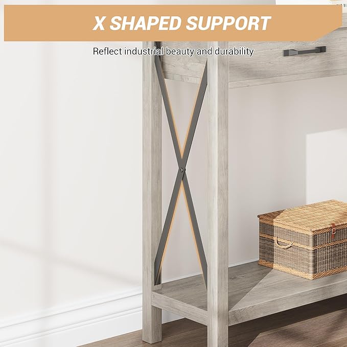 43” Entryway Table with Drawers, Narrow Console Sofa Table with Storage & Shelves, Farmhouse Entryway Console Table for Hallway, Living Room - Grey