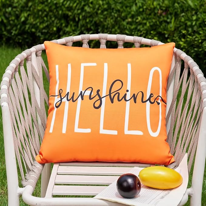 DFXSZ Outdoor Pillow Covers 18x18 Inch Set of 2 Hello Sunshine Decor Orange Waterproof Throw Pillow Covers Fall Outdoor Waterproof Pillow Covers Decor for Patio Funiture Garden Sofa Couch 020C18