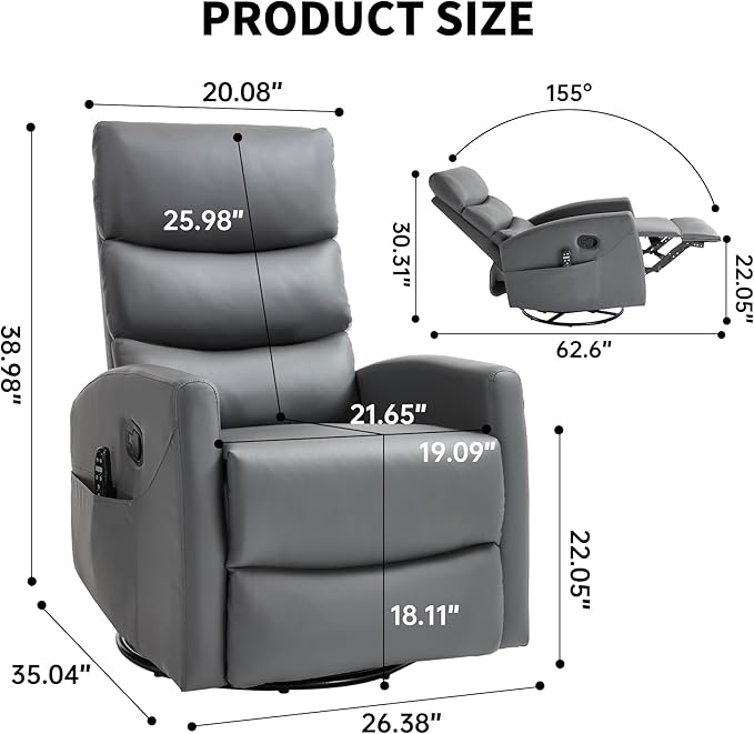 PELUMY Massage Recliner Chair with Heat - Manual Rocker Swivel Recliner, 360° Rotation & 155° Recline for Living Room（Breathable Leather, Grey）