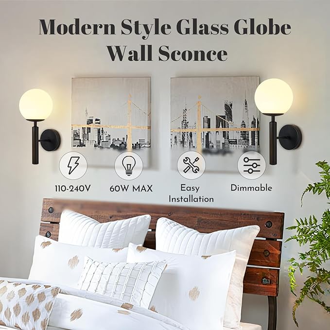 KCO Lighting Modern Wall Sconce Golden Mid Century Industrial Matte Globe Glass Wall Light for Bedroom Vanity Light (Black)