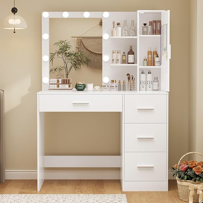 usikey Makeup Vanity with Lights, Vanity Desk with Mirror and 10 LED Lights, Vanity Table Set with 4 Drawers, Cabinet & 4 Necklace Hooks, Dressing Table for Bedroom, White