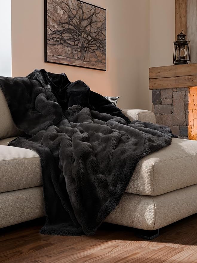 Fluffy Throw Blanket Queen Size - Faux Fur Throw for Couch or Bed - Ultra Plush Soft Extra Thick Faux Fur Rabbit Blanket - Comfy, Warm & Breathable - Luxury Minky Tie Dye Bedding - 90" x 90", Black