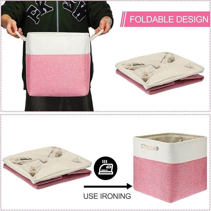 meekoo 8 Pack Collapsible Storage Bins Fabric Storage Bins Polyester Fabric Baskets with Handles Linen Closet Organizer for Shelf Home Closet Towels Toys(12 x 12 x 12 in,Pink White)