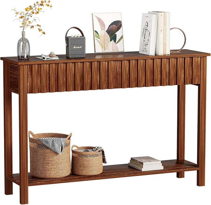 Console Table with 2 Fluted Drawers,Entryway Table with Open Storage Shelf, 47.2" Wood Sofa Table for Living Room and Hallway Brown