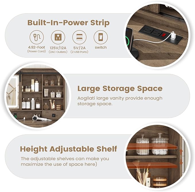 AOGLLATI Farmhouse Makeup Vanity Desk with Lights & Charging Station,Vanity Desk with Mirror and Lights, 47.2” Large Brown Vanity Table with Ample Storage Space and Sliding Mirror (Oak Brown)