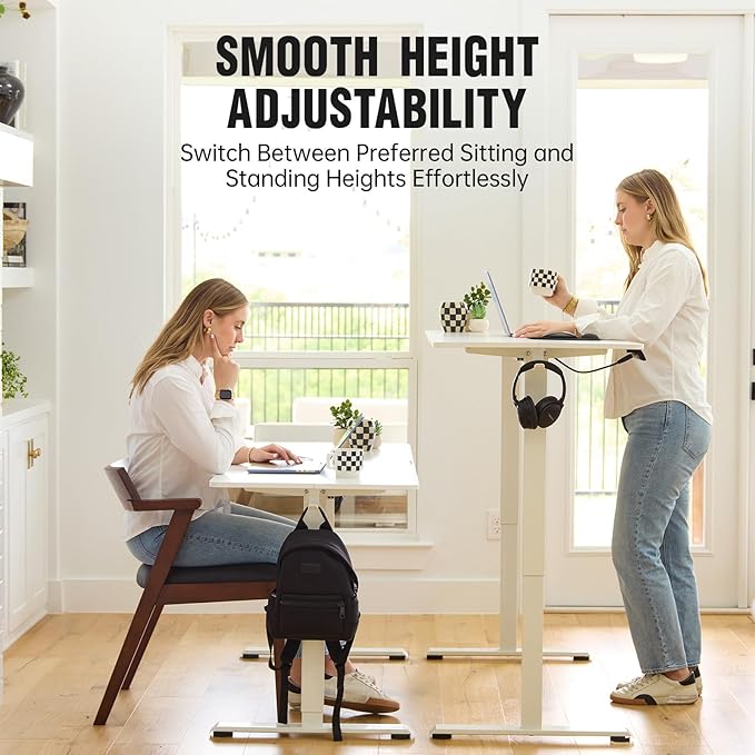 Veken 55 Inch, Height Adjustable Sit Stand Up, Wood Desktop, Work Home Office Computer PC Table, Tall Standup Workstation, Gaming Writing Study Bedroom Rising Desks, White