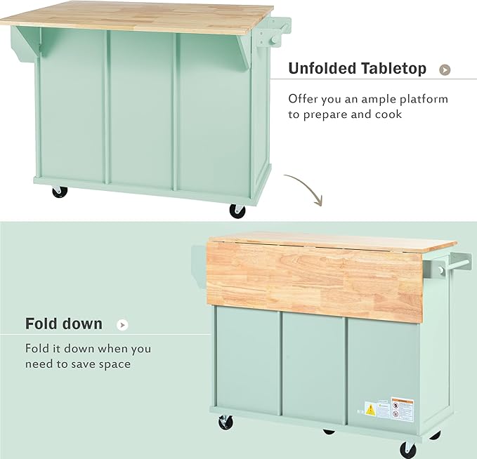 Kitchen Island Cart with Drop-Leaf Cabinet Door Internal Storage Rack 5 Wheels 3 Drawers for Kitchen, Dining Room, Bathroom 53.1" W*29.5" D*37.2" H Mint Green