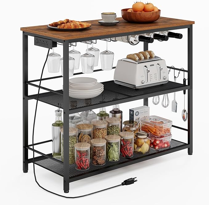 Kitchen Island with 3 Shelves, Kitchen Island with Power Outlet, Kitchens Storage Rack with 4 S Hooks, Microwave Stand Coffee Bar Station for Dining Room, Rustic Brown and Black KIHR92E01