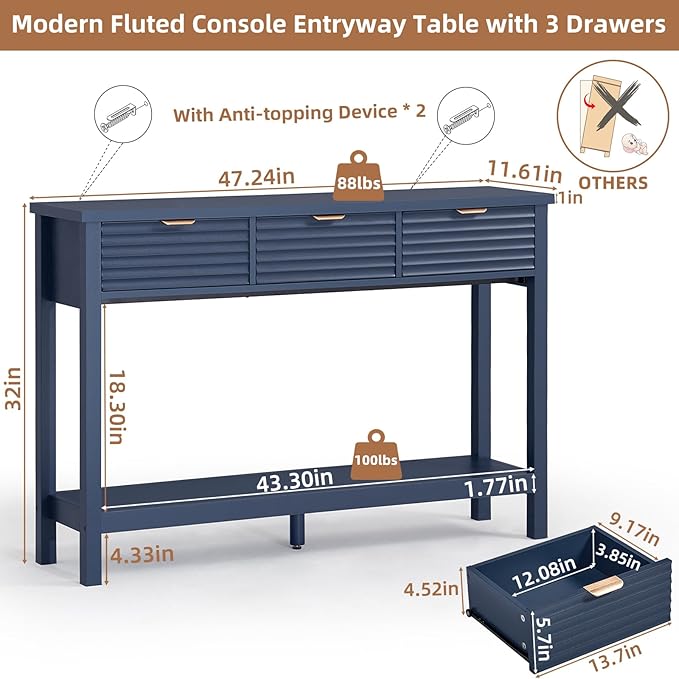 LEYAOYAO Fluted 47.2" Console Table with 3 Drawers, Modern Wood 2 Tier Entryway Table with Open Storage Shelf, Sofa Entry Tables Behind Couch for Living Room, Hallway, Entrance Foyer, Dark Navy Blue