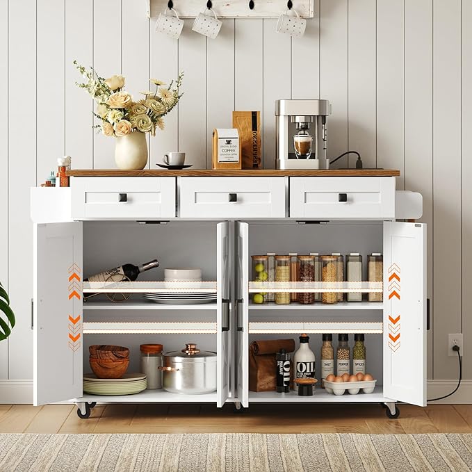 HOOBRO Kitchen Island with Drop Leaf, Rolling Kitchen Island with Storage and Power Outlet, Kitchen Cart with 3 Drawers and Adjustable Shelves, Towel and Spice Rack, for Dining Room, White and Walnut