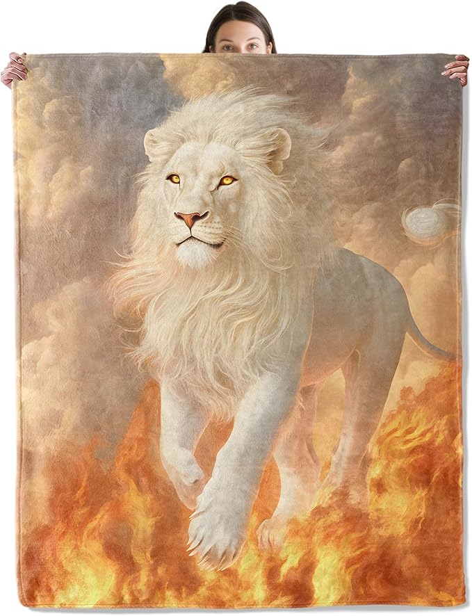 White Lion Blanket, Cozy Flannel Majestic Lions with Fiery Flames Throw Blanket for Couch Outdoor, Plush Soft Lightweight Travel Blankets for Bed Decor and Gifts, for Women Kids Adults 50"x60"