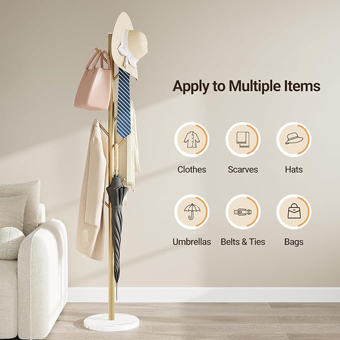 ELYKEN Coat Rack Freestanding with Natural Marble Base, Metal Coat Rack Stand with 10 Hooks, 3 Adjustable Size Coat Tree for Bags, Clothes, and Hats for Entryway, Bedroom, Hallway, Office, Gold
