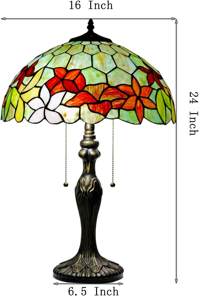 Tiffany Table Lamp Stained Glass Lamp 16X16X24 Inch Antique Reading Light (Green Red Flowers)