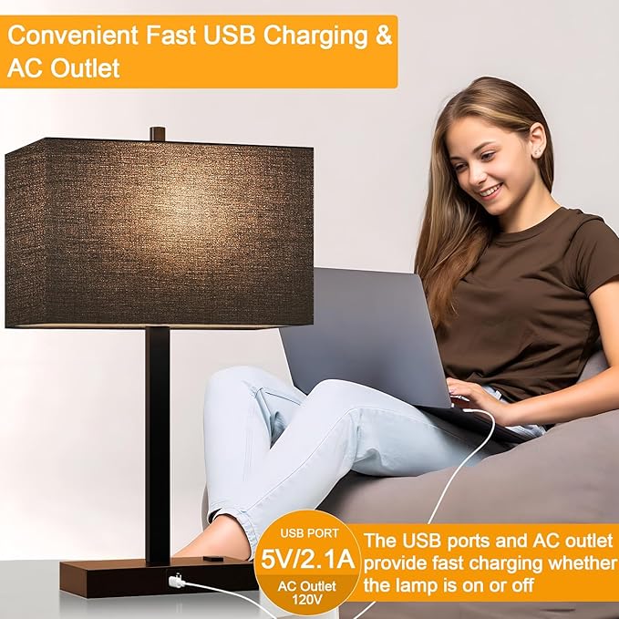 21" Touch Bedside lamps with 2 USB & AC Outlets, 3-Way Dimmable Bedside Table Lamps Set of 2 for Bedroom Living Room Office Reading, Black Shade Lamps for Night Stands, 2700K LED Bulbs Included