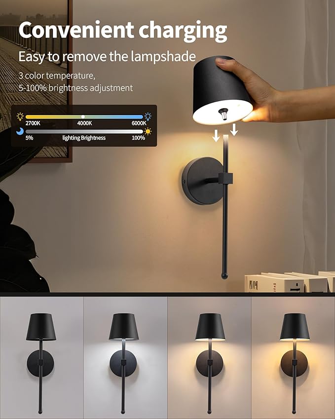 KDG Wireless Wall Sconces Set of 2, Small Cordless 5200mAh Rechargeable Battery LED Wall Lamps, Stepless Dimming Lightings for Wall Painting, Living Room, Bedroom, Hallway, Gifts, Night Light (Black)