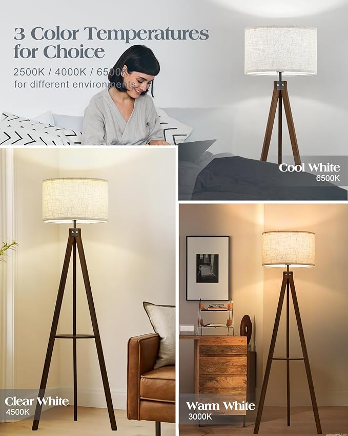 ELYONA Wood Tripod Floor Lamp with Table, Shelf Standing Light with 3 Color Temperatures LED Bulb, Mid Century Modern Wooden Tall Floor Lamp with Linen Shade for Living Room Bedroom Office,Dark Brown