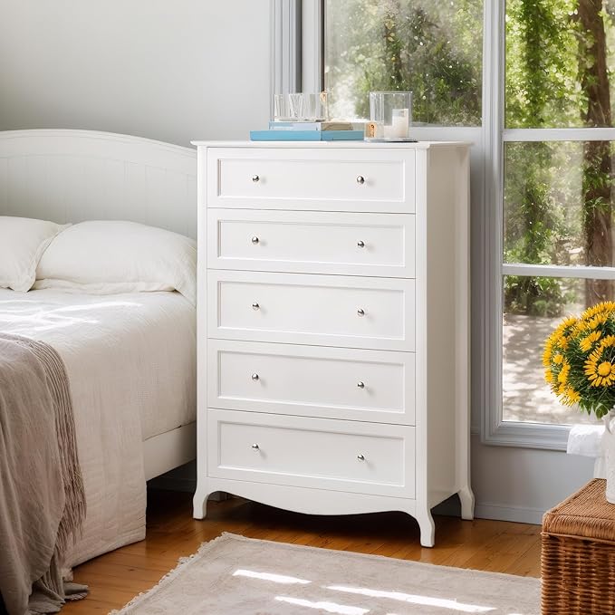 VINGLI White Dresser 5 Drawer Chest of Drawers for Bedroom, 44.5" Tall Wood Dresser with Drawers, 29.92" W*15.75" D*44.49" H