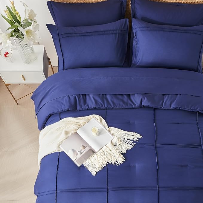 Yogeneg Twin Comforter Set 5 Piece Bed in a Bag,Grid Pinch Pleat Navy Blue Twin Bedding Set,Striped Textured Soft Microfiber Comforter with Sheet Set,All Season Complete Bed Set(Navy Blue,Twin)