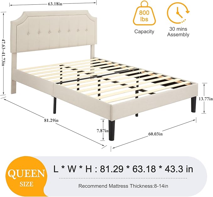 VECELO Queen Size Platform Bed Frame with Fabric Upholstered Headboard and Wooden Slats Support, No Box Spring Needed/Easy Assembly,Beige