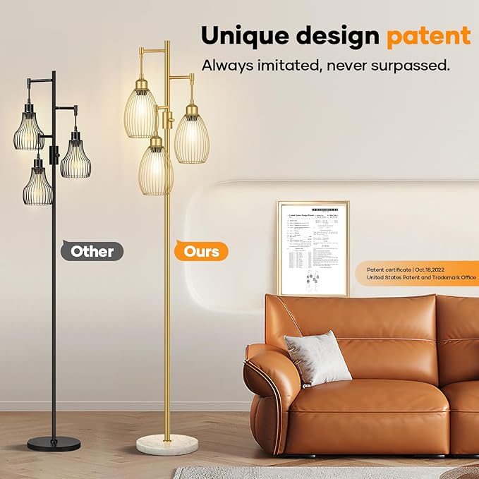 Dimmable Floor Lamp,3x800LM LED Bulbs Included, Farmhouse Industrial Floor Lamp Standing Tree Lamp with Teardrop Cage Head Tall Lamp for Living Room Bedroom Office Dining Room - Gold & Marble Base