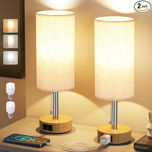 Wood Grain Bedside Table Lamps Set of 2-3 Color Temperatures Pull Chain Lamp with AC Outlet Charging Port, Round Night Stand Lamps for Bedroom Office, Small Bed Light with E26 LED Bulbs