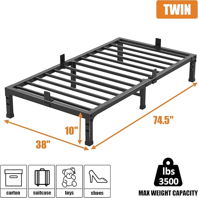 FUIOBYVV Twin Bed Frame,10 Inch Low-Profile Metal Platform with Space-Saving Design,Steel Slat Support,Non-Slip Mattress Stopper,No Box Spring Needed,Quiet and Sturdy,Easy Assembly