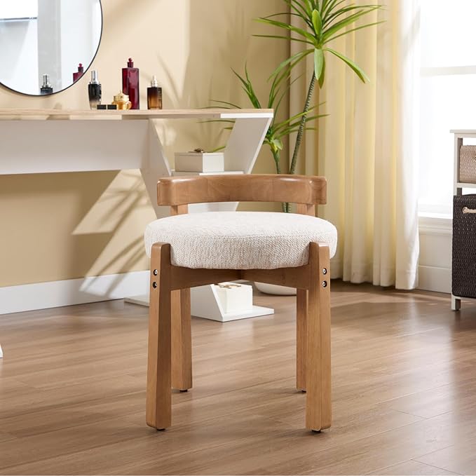 DUOMAY Modern Chenille Vanity Stool, Upholstered Low Back Ottoman with Solid Wood Legs Cute Round Footrest Makeup Stool Dressing Seat for Living Room Bedroom, Beige