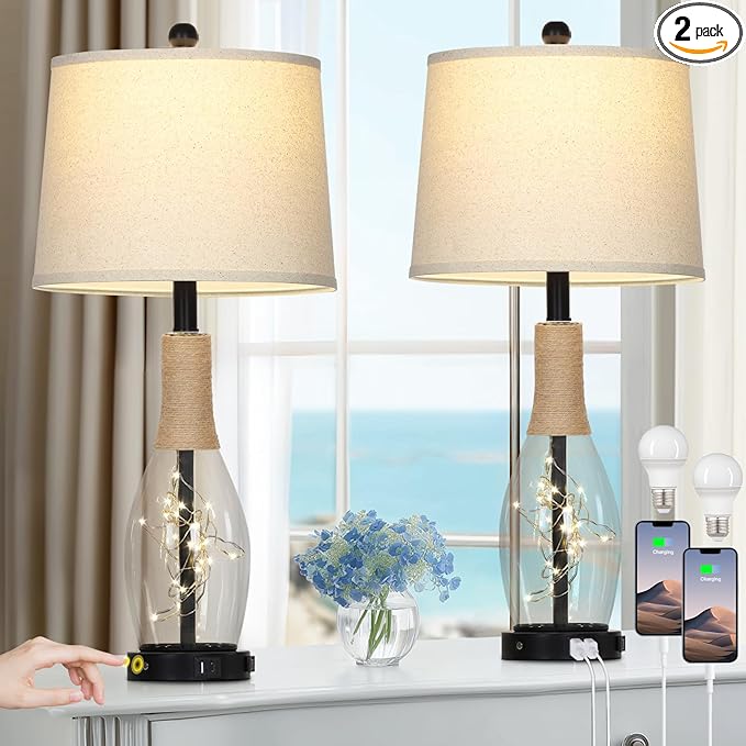 28" Boho Glass Table Lamps Set of 2, Touch Control Bedside Lamps with 2 USB Ports and Outlet, Rattan Lamp with Night Light for Nightstand Living Room Bedroom, 2 LED Bulbs Included, Black