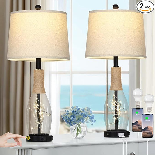 28" Boho Glass Table Lamps Set of 2, Touch Control Bedside Lamps with 2 USB Ports and Outlet, Rattan Lamp with Night Light for Nightstand Living Room Bedroom, 2 LED Bulbs Included, Black