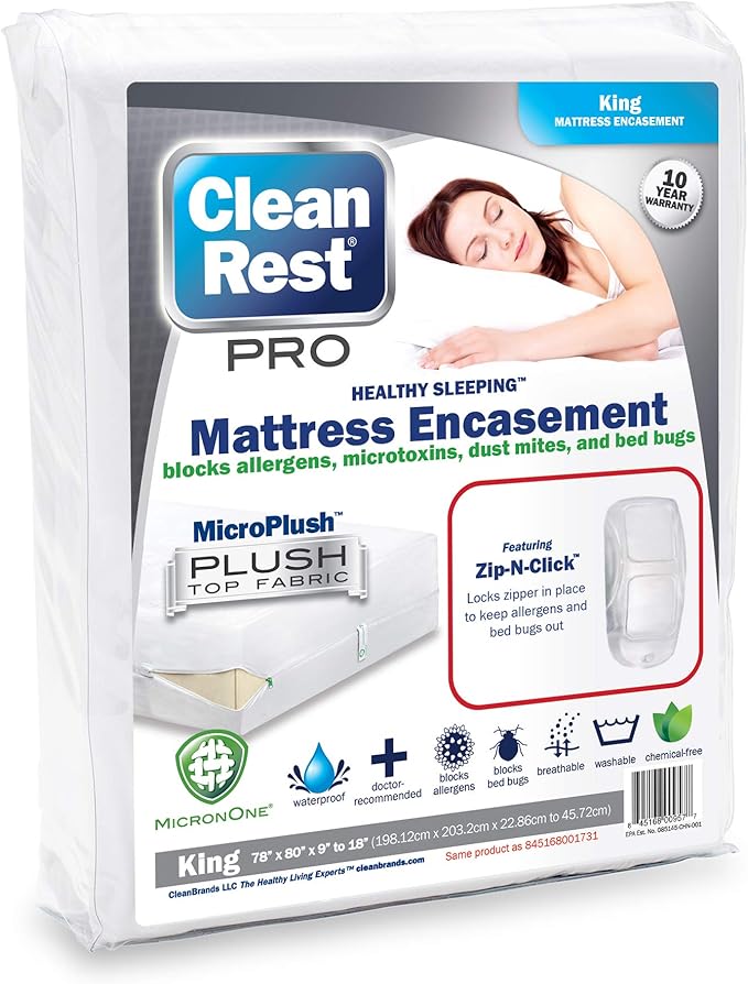 CleanRest Pro Mattress Protector Encasement, MicroPlush Fabric, Ultimate Sleep Surface Protection with Patented MicronOne Technology, Zip-N-Click Security, EZ-Fit, Waterproof (King)