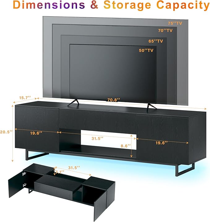 TV Stand for 75 inch TV, Entertainment Center with LED Light, Modern Wood TV Console with Texture Entertainment Stand with Highlight Storage Cabinet for TVs Up to 70-80" Black