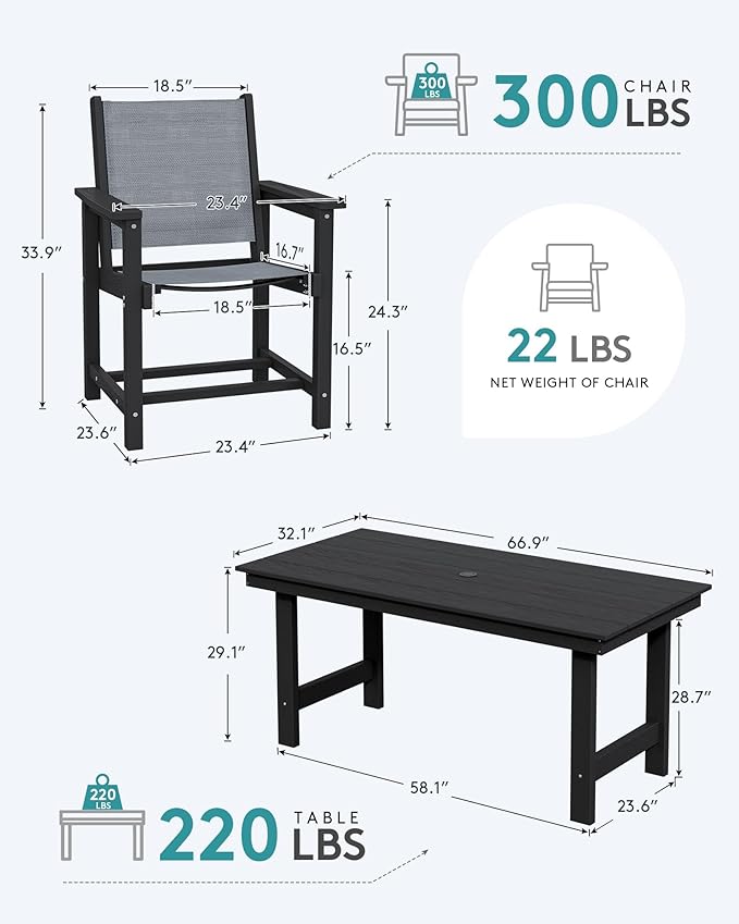 SERWALL 5 Piece Outdoor Dining Table Sets for 4 with 1 Umbrella Hole Cut-Out Rectangular Table and 4 Textilene Chairs, HDPE Dining Table Sets for Garden, Backyard, Poolside, Black