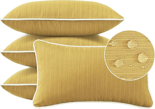 Decorative Outdoor Water Repellent Throw Pillows with Inserts, Set of 4, 20" x12" Pillows for Patio, Backyard, Bed, Couch, and Patio Furniture, Yellow Brown