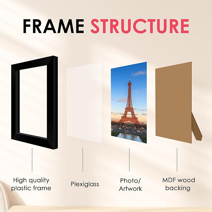 FIXSMITH 4x6 Picture Frame, Black Photo Frames with HD Plexiglass for Wall Hanging or Tabletop Display, 2 Pack