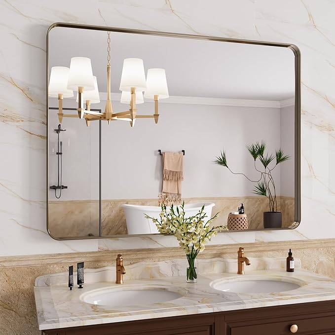 Bronze Bathroom Mirror 48x36 Inch, Brushed Bronze Metal Frame Mirror for Wall, Rounded Rectangle Bathroom Vanity Mirror with Tempered Glass, Anti-Rust, Horizontal/Vertical