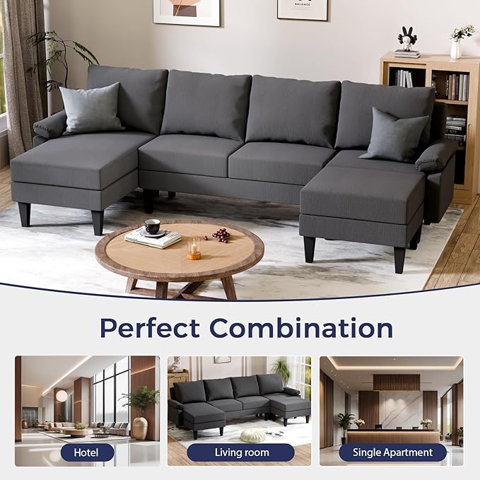 U Shaped Sectional Couch, Convertible Modular Sectional Sofa with Chaise & Ottomans, Modern 6 Seat U Shaped Couches for Living Room Apartment, Grey