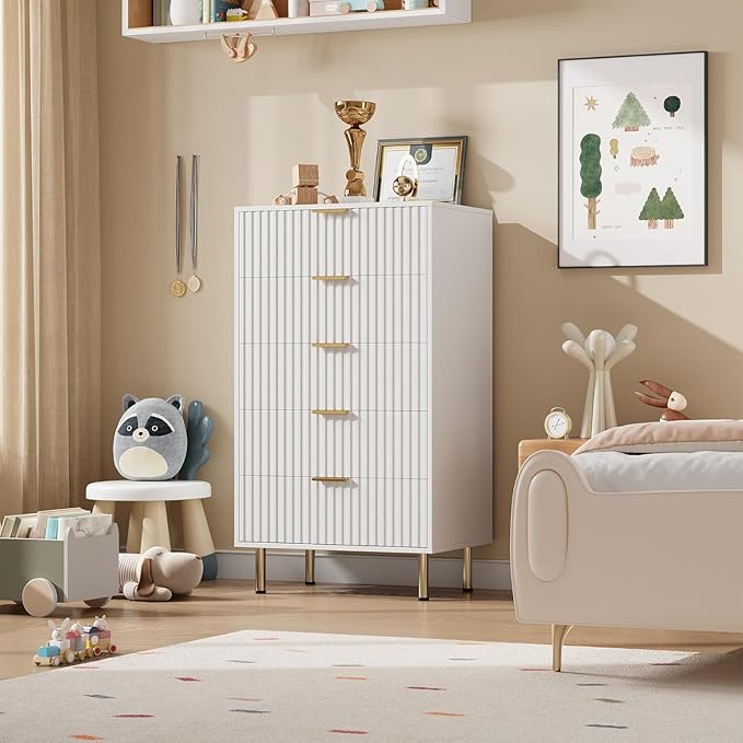 GarveeHome Fluted 5 Drawer Dresser for Bedroom, 48" Tall Modern Chest of Drawers with Deep Drawers and Wide Top, Wooden Dresser Organizer for Living Room, Hallway, Kids Room, White