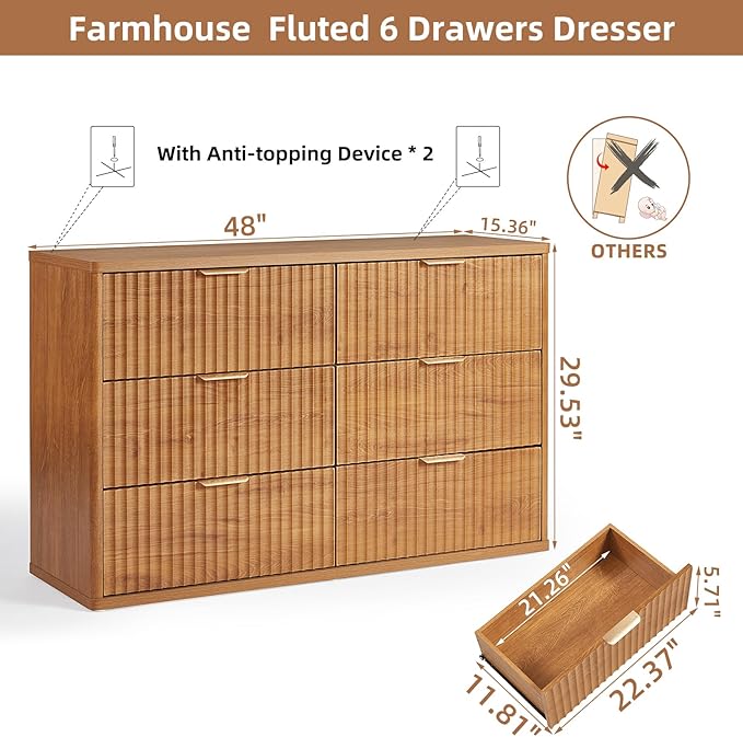 LEYAOYAO Fluted 6 Drawers Dresser Set of 2, 48" Wide Modern Chest of Drawers with Metal Handle, Brown Curved Profile Dresser TV Stand, Wooden Drawer Organizer for Bedroom, Living Room, Hallway
